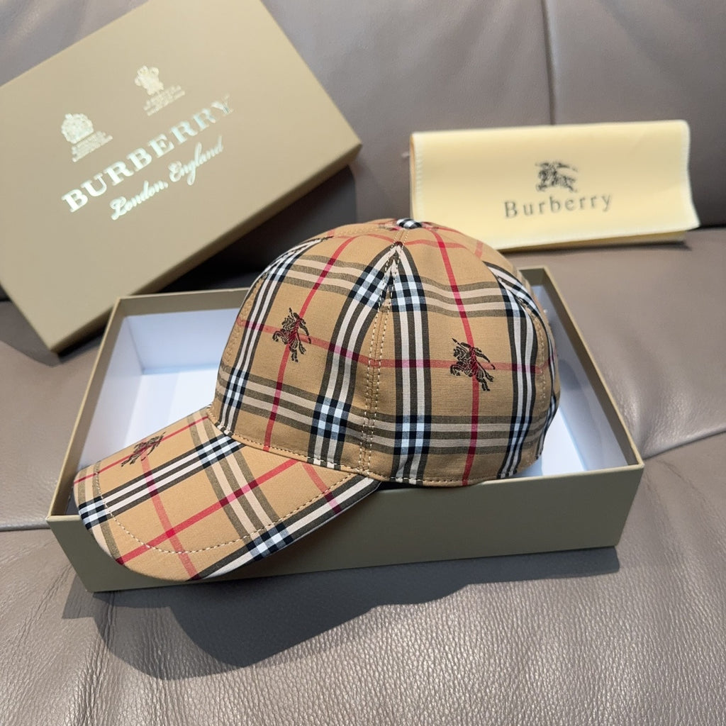 Burberry plaid baseball cap with embroidered motifs, curved brim, and check-pattern crown