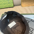 Inside view of grey GG baseball cap with dark lining and adjustable strap