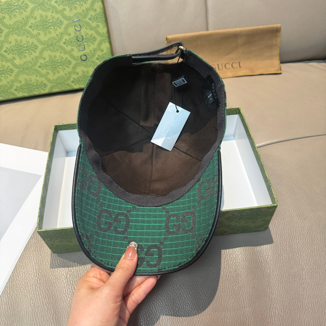Gucci dark green cap, interior view showing hatband and lining.