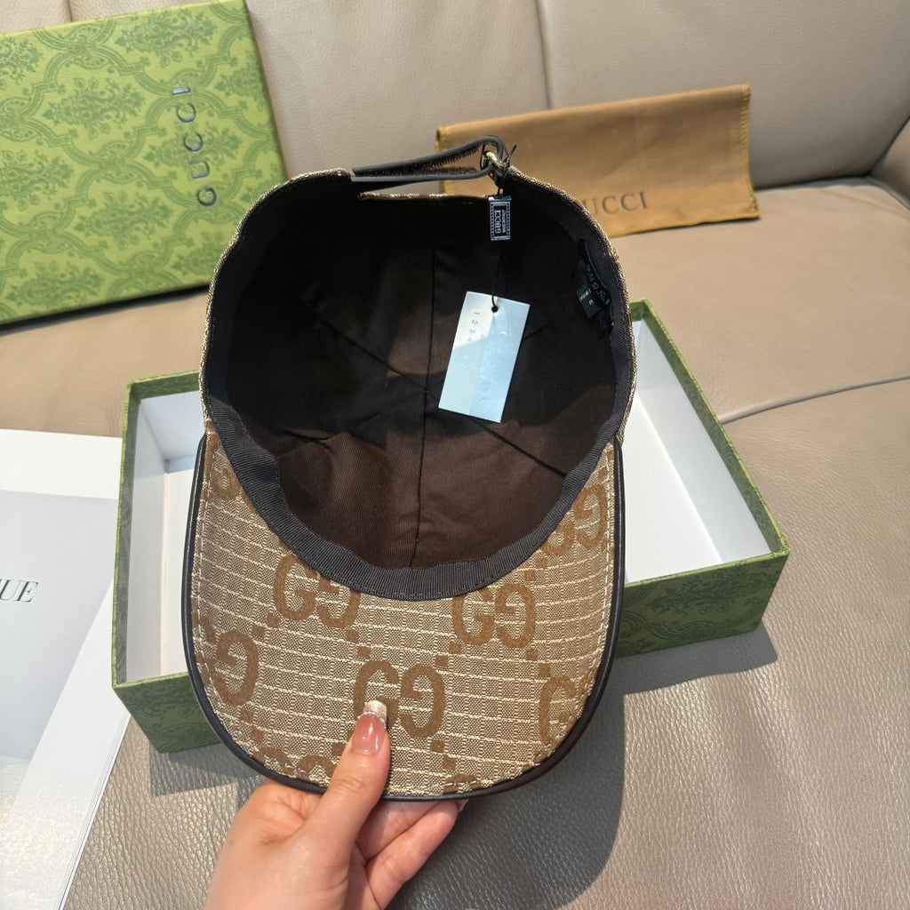 Beige GG monogram baseball cap with inside view and adjustable strap