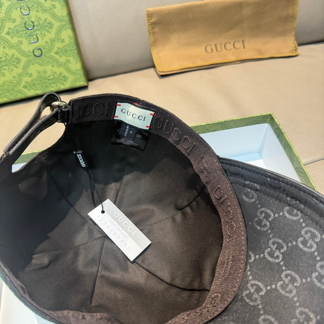 Gucci baseball cap interior view, black lining with adjustable strap and label