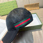Gucci baseball cap, black GG-print with green-red-green stripe band near crown