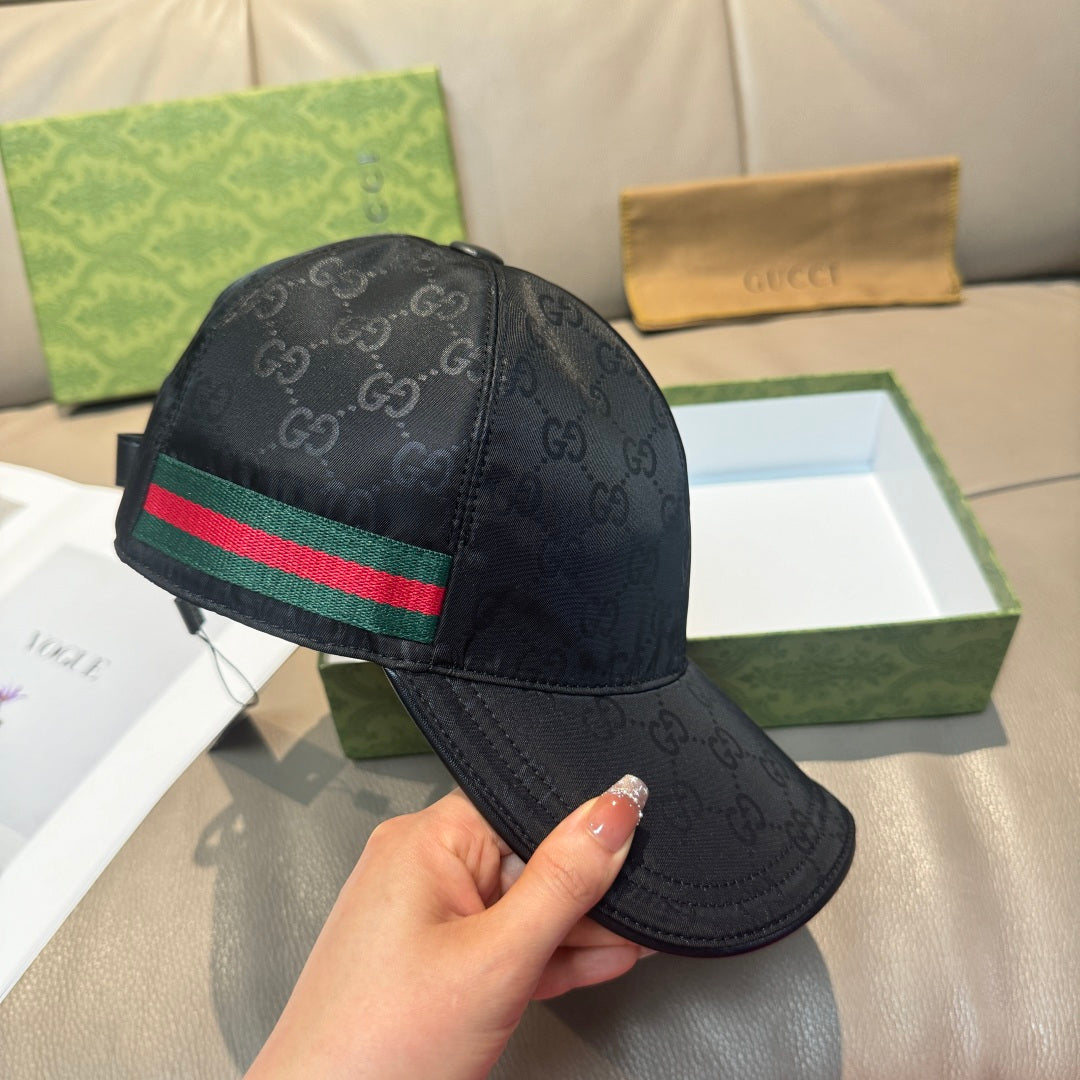 Gucci baseball cap, black GG-print cap with green-red-green stripe on side
