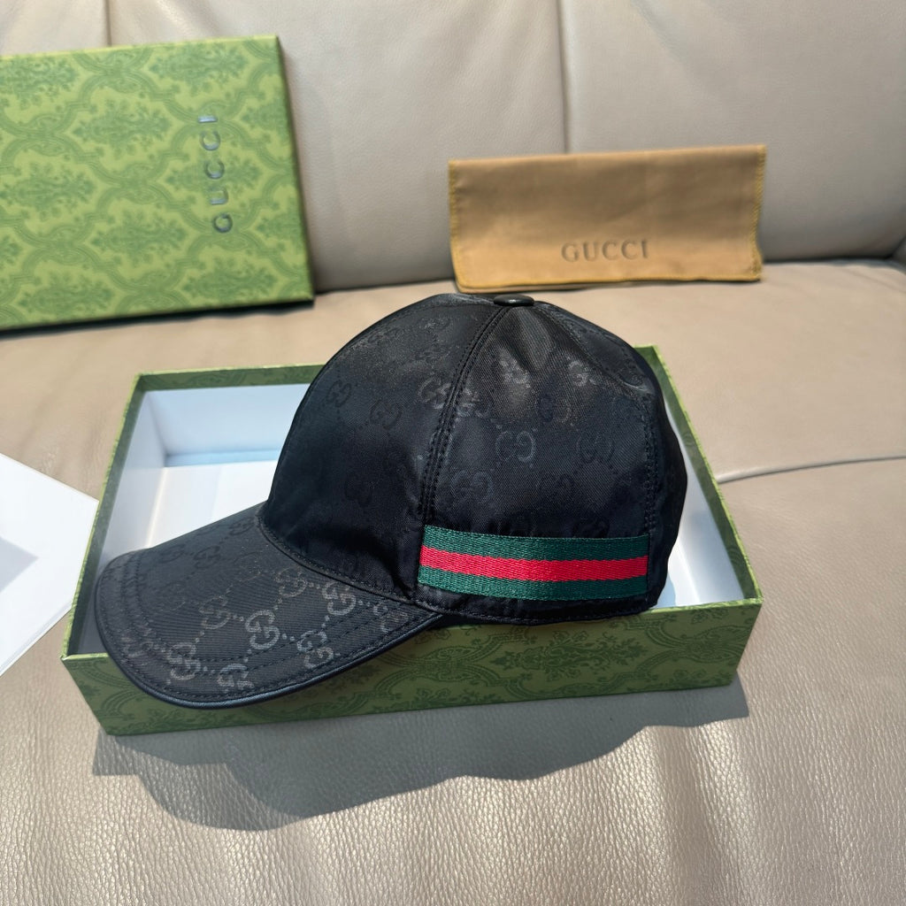 Gucci baseball cap, black GG-print with green-red-green stripe across front panel
