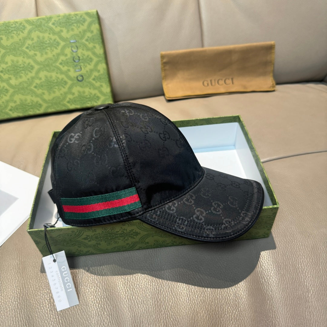 Gucci baseball cap, black GG-print with green-red-green stripe and curved brim