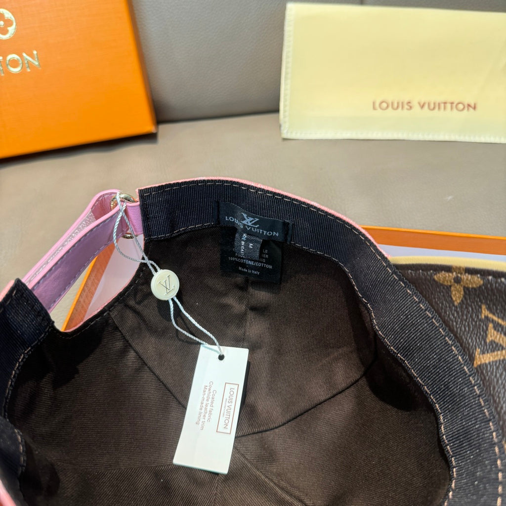 Louis Vuitton cap interior with tags and stitched lining, open brim view