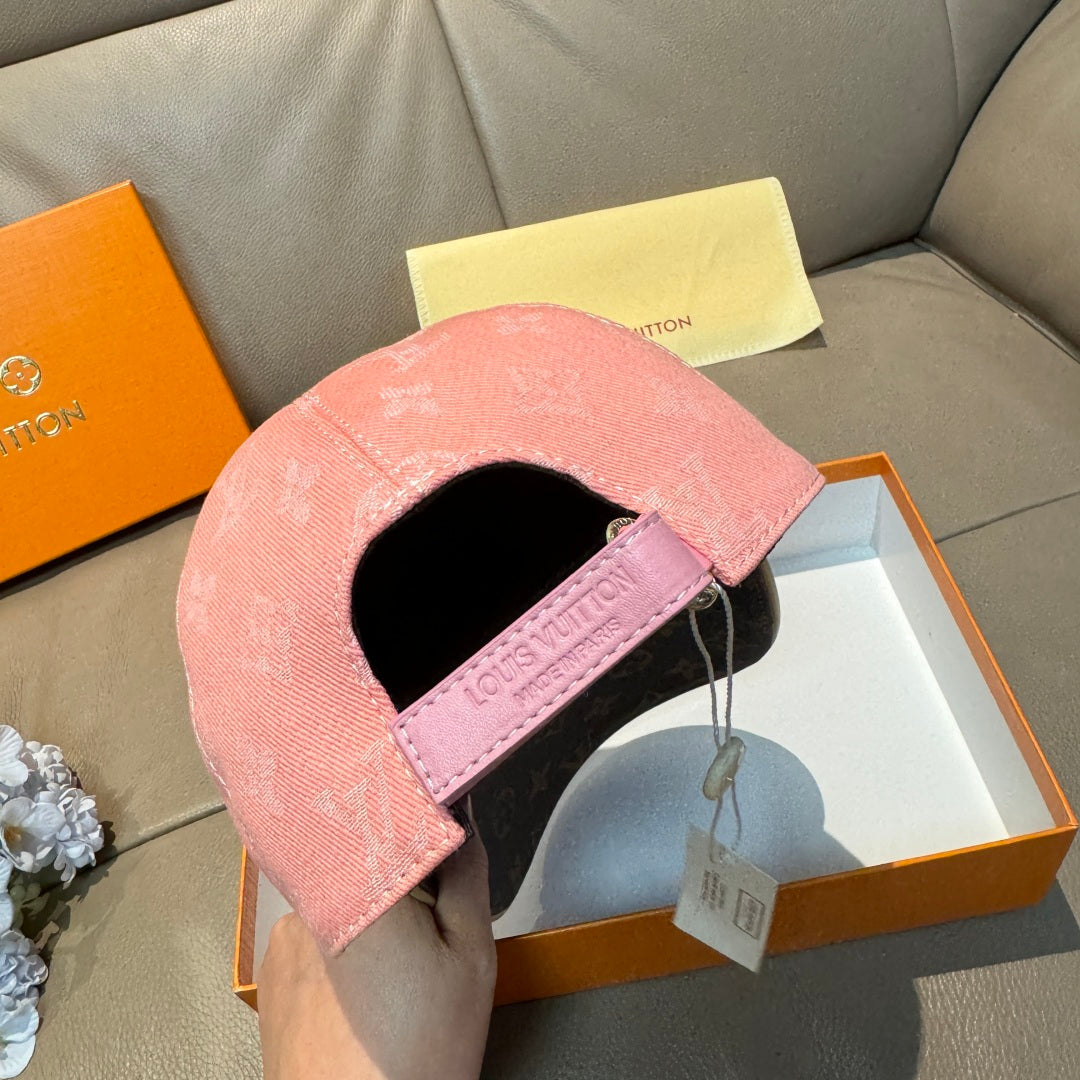 Louis Vuitton cap underside open: pink monogram crown and dark inner band