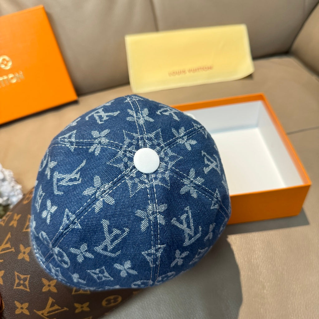 Louis Vuitton denim cap with blue monogram print and round snap button