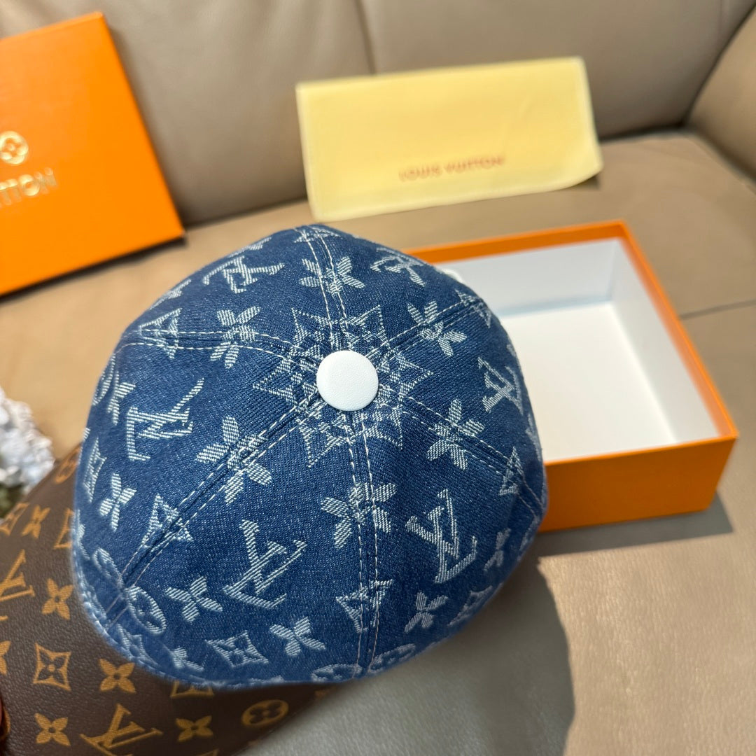 Louis Vuitton denim cap with blue monogram print and round snap button
