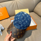 Louis Vuitton denim cap with blue monogram panels and brown monogram brim