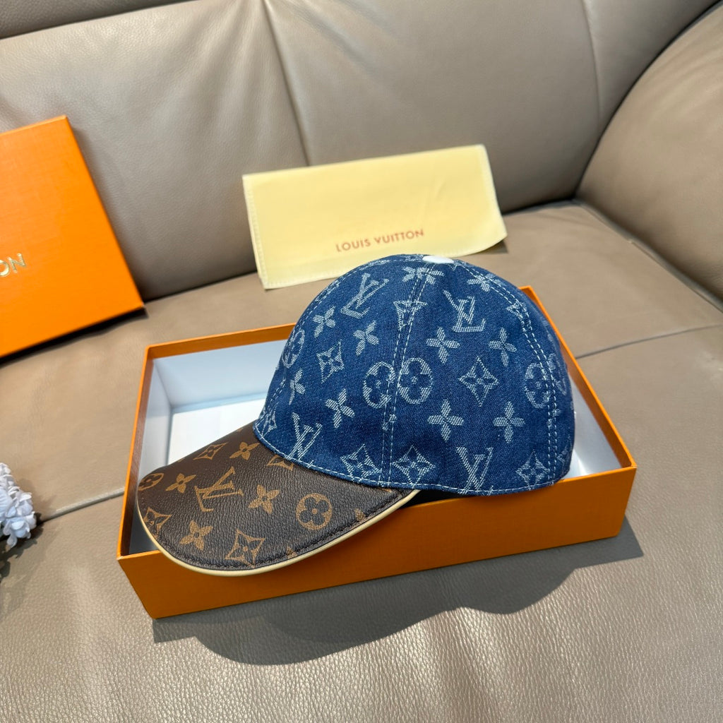 Louis Vuitton denim cap with blue monogram front and brown monogram brim