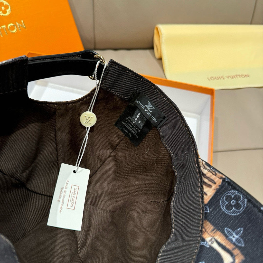 Louis Vuitton baseball cap close-up of interior strap with LV branding and hanging tag.