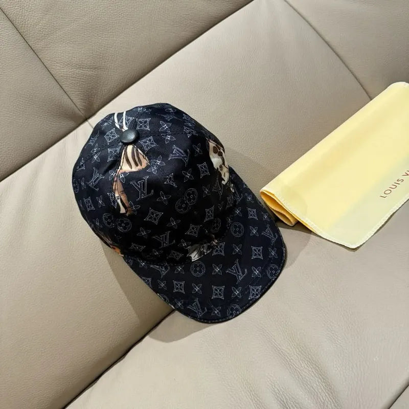 Louis Vuitton dark monogram baseball cap with curved brim and small top button