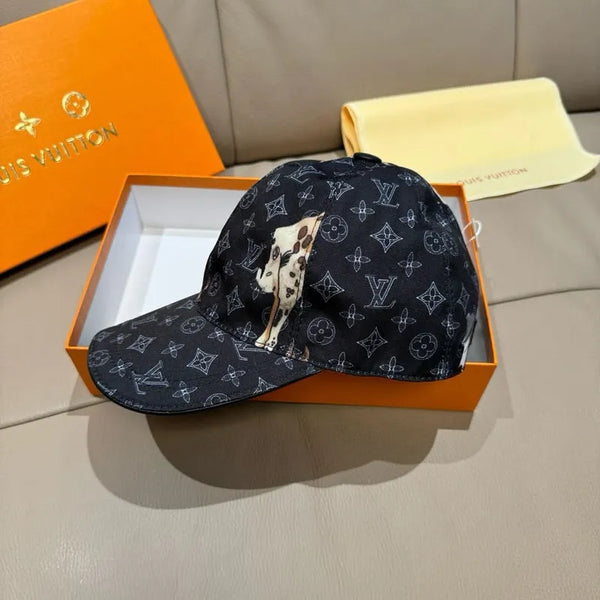 Louis Vuitton monogram baseball cap, dark tones with curved brim and front graphic patch