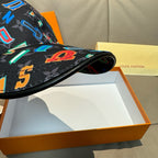 Black baseball cap brim close-up with colorful letter and number print.