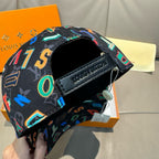 Black baseball cap side view with fabric strap and LV-branded patch.