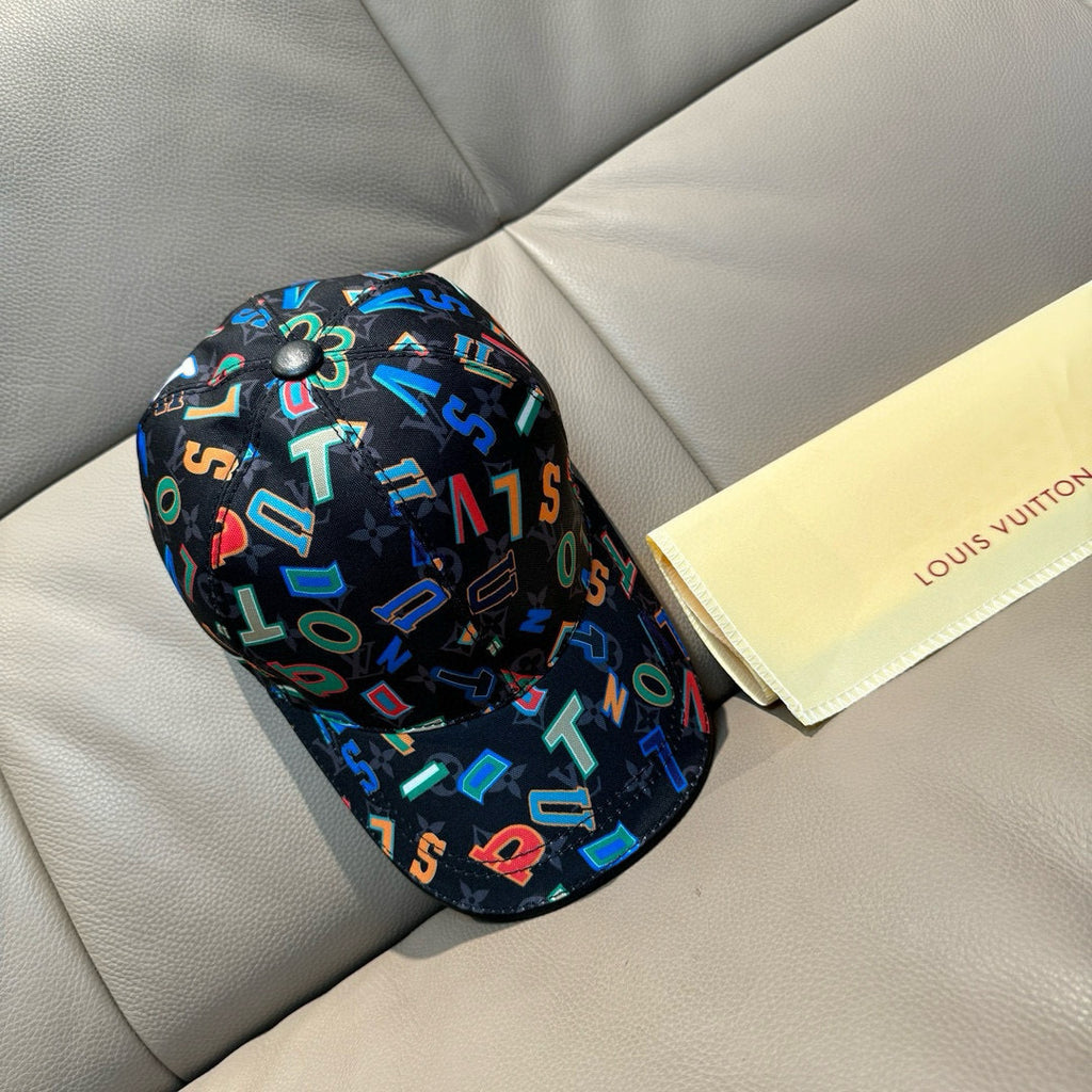 Black baseball cap with colorful graffiti-style letters and numbers, adjustable cap shape.