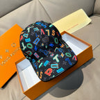 Black baseball cap with vibrant multicolor letter and number print, curved brim.