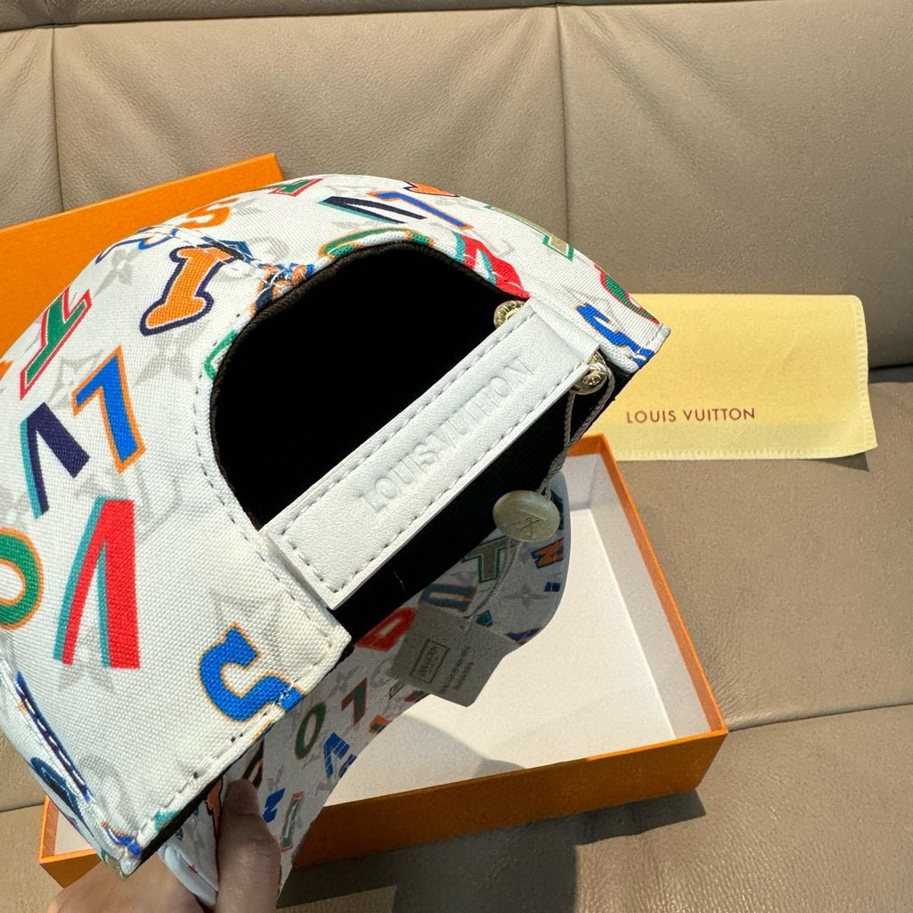 White baseball cap with multicolor number print, inside opening and side seam detail