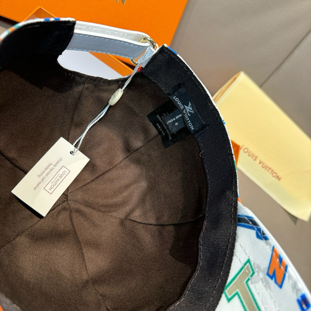 White baseball cap with multicolor number print, brim edge and inner label tag