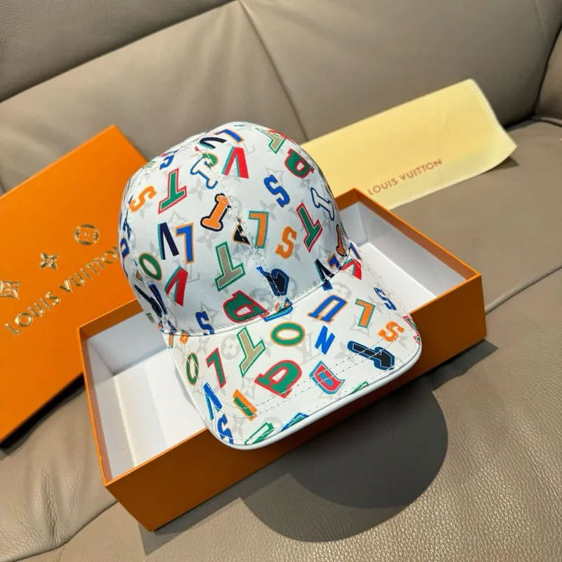 Multicolor number print baseball cap resting in open Louis Vuitton box