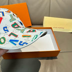 White baseball cap with multicolor number print, side profile and curved brim