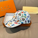 White baseball cap with multicolor number print, curved brim, and Louis Vuitton logo detail