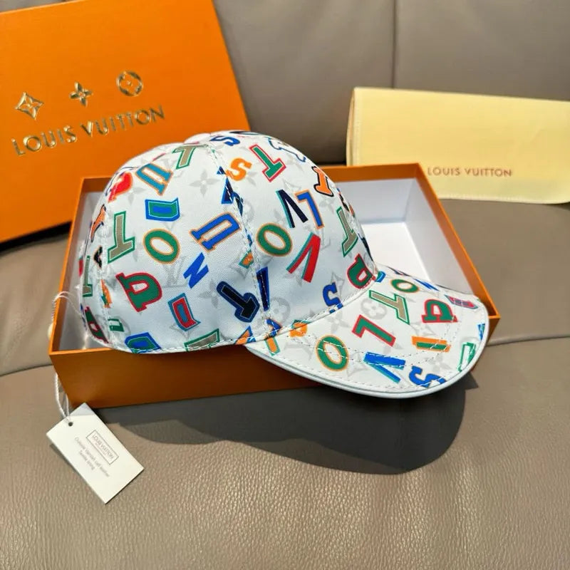Multicolor number print baseball cap pair, one front and one side, in box