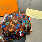 Louis Vuitton cap close-up: brown multicolor letter pattern with round top button