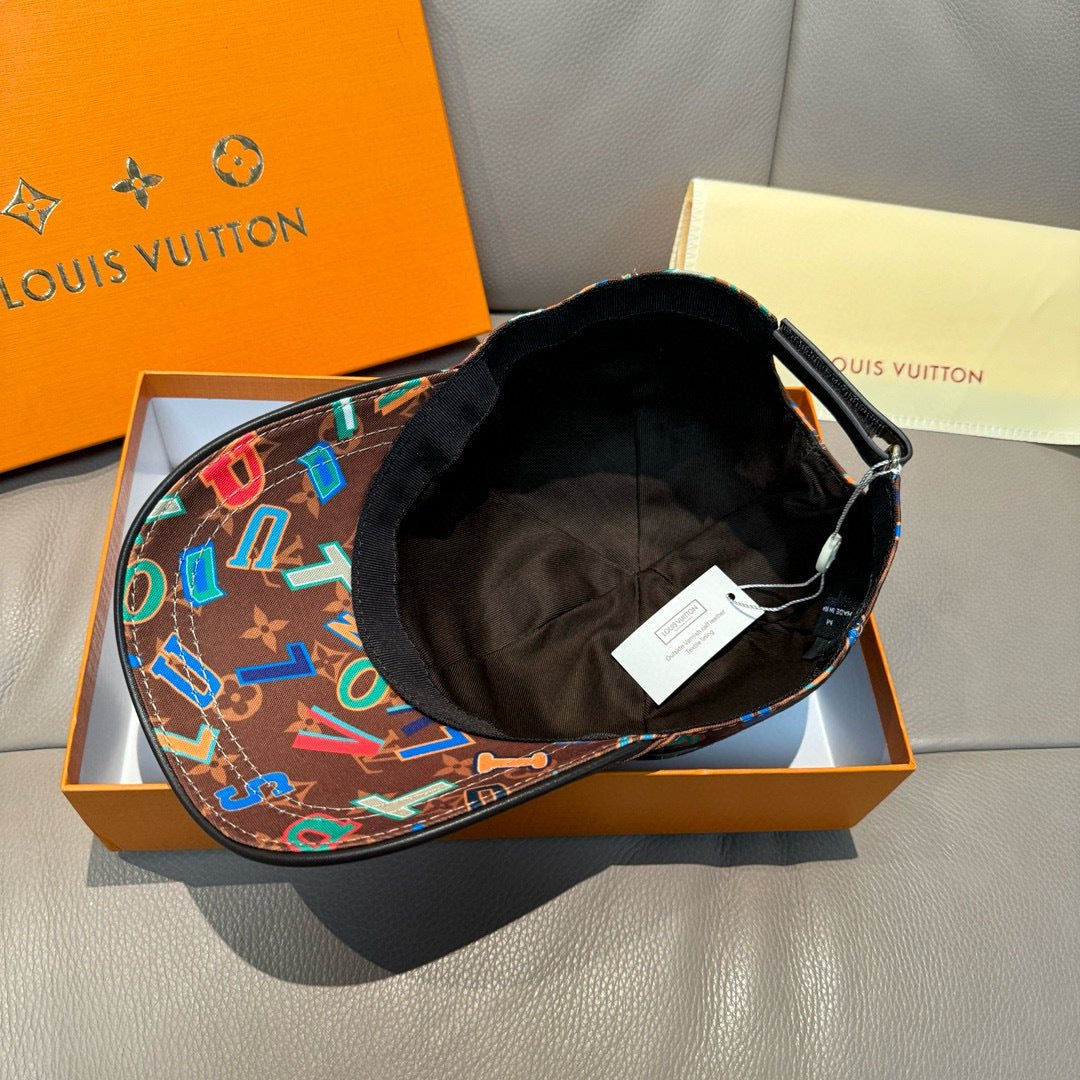 Louis Vuitton cap open view showing black interior lining and multicolor letter pattern