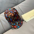 Louis Vuitton cap with brown base and multicolor letter pattern, curved brim, top button