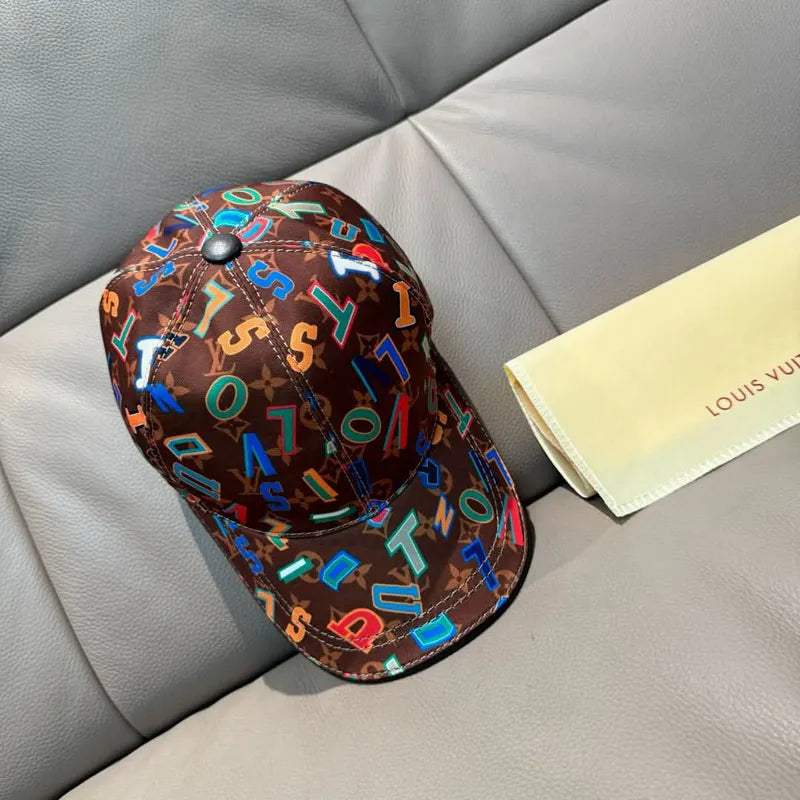 Louis Vuitton baseball cap in brown with multicolor letter pattern and black top button