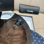 Chanel denim baseball cap with interior label and denim webbing strap close-up