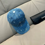 Blue denim baseball cap with white dot print and stitched front panel, curved brim