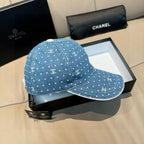 Blue denim baseball cap with white dot pattern, front seam detail and curved brim