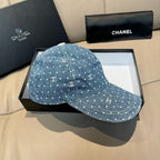 CHANEL blue denim baseball cap with white dot CC logo pattern and curved brim