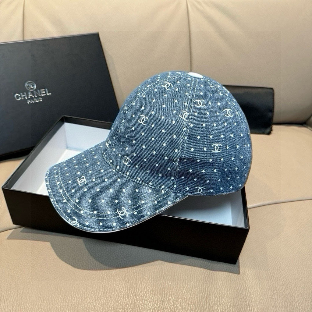 CHANEL blue denim baseball cap with white dot CC logo pattern, curved brim