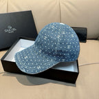 CHANEL blue denim baseball cap with white dot CC logo pattern, curved brim