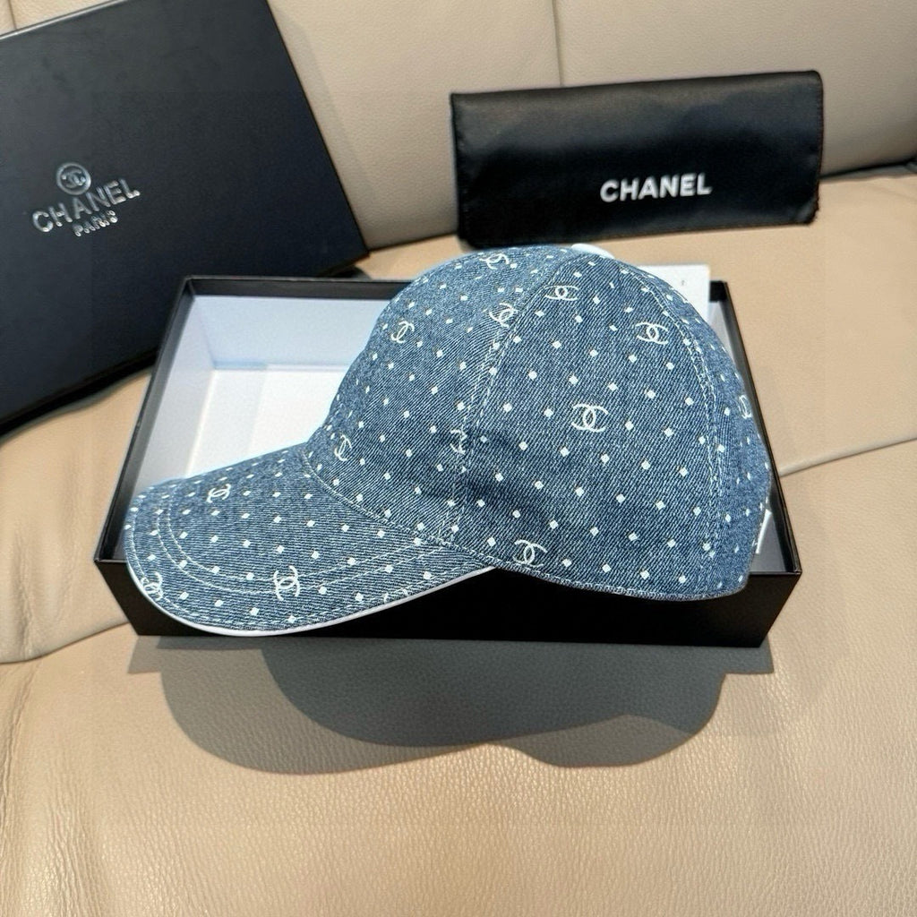CHANEL blue denim baseball cap with white dot CC logo pattern and curved brim