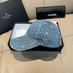 CHANEL blue denim baseball cap with white dot CC logo pattern and curved brim