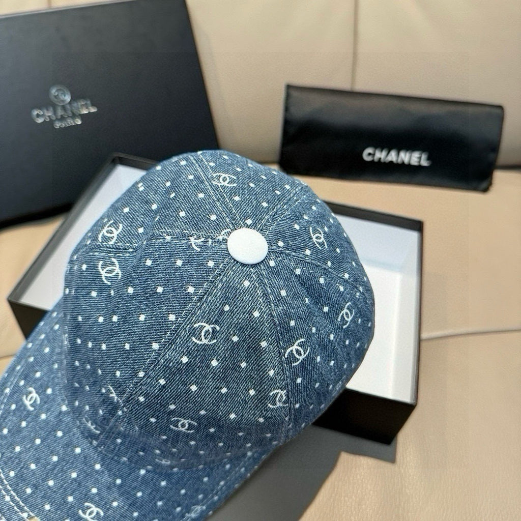 CHANEL blue denim cap with white dot CC pattern and round top button