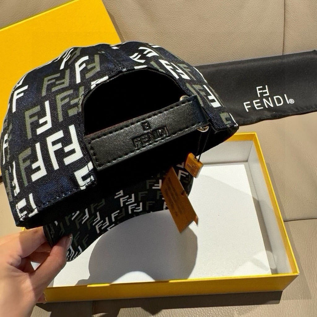 Fendi cap underside view with black strap and buckle, FF logo lining