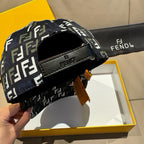 Fendi cap underside view with black strap and buckle, FF logo lining