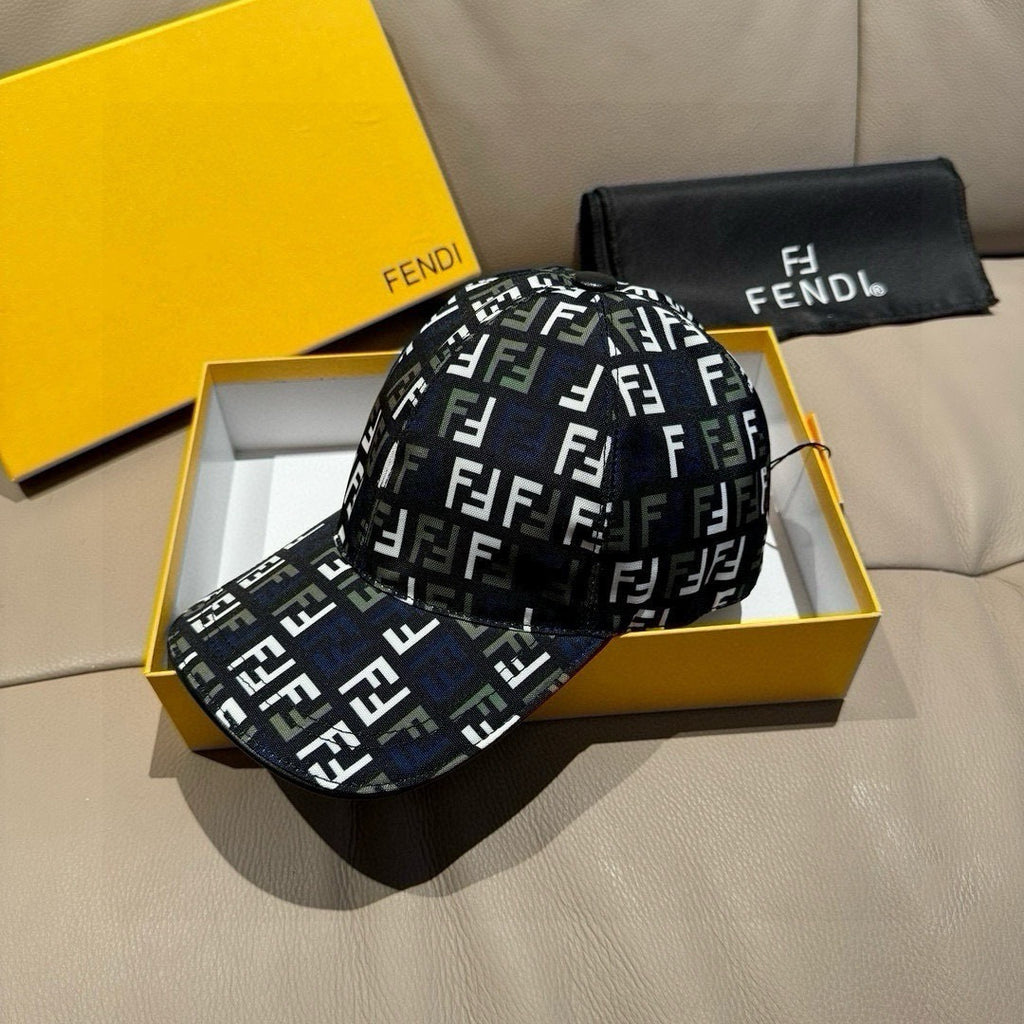 Fendi logo cap in dark navy with FF pattern, front angled view with curved brim