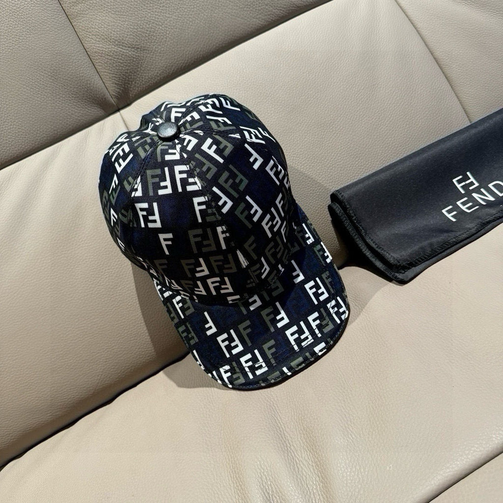Fendi logo cap in dark navy with repeating FF pattern, side view and curved brim