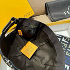 Fendi cap interior view with adjustable strap and size tag on FF logo fabric