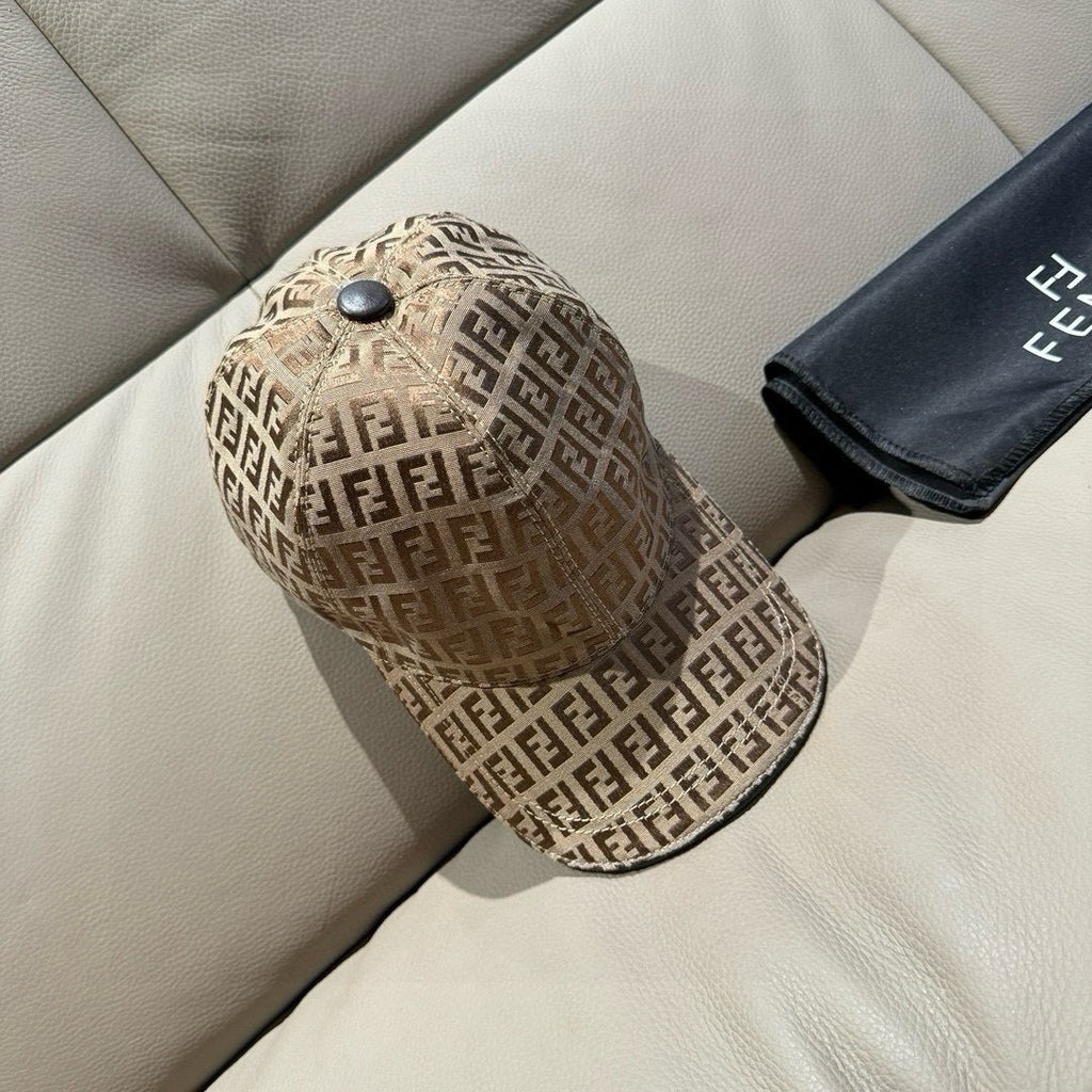 Beige logo baseball cap with adjustable back strap and curved brim