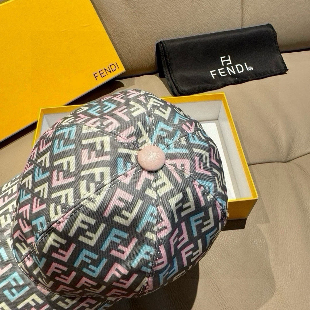 Fendi FF baseball cap close-up with multicolor pattern and round tan button
