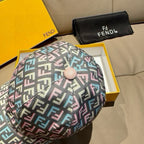 Fendi FF baseball cap close-up with multicolor pattern and round tan button
