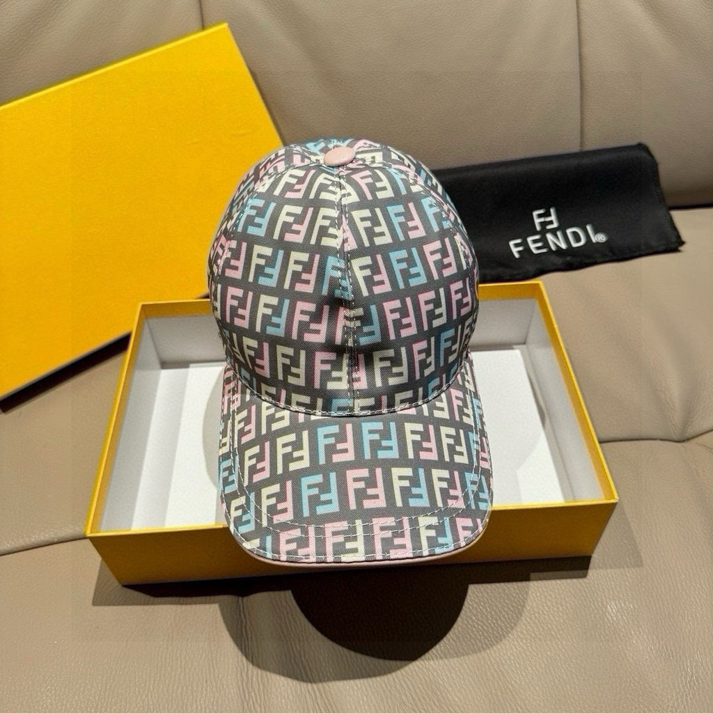 Fendi monogram baseball cap with multicolor FF pattern and tan brim